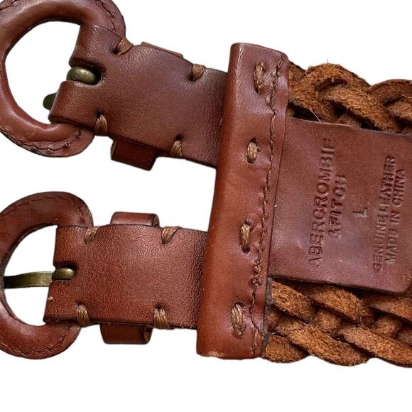 ABERCROMBIE & FITCH Leather Woven Braided Wide Belt Double Buckle Brown L main image 4